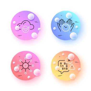 Cloud computing, Safe time and Binary code minimal line icons. 3d spheres or balls buttons. Multichannel icons. For web, application, printing. Approved storage, Hold clock, Programming chat. Vector