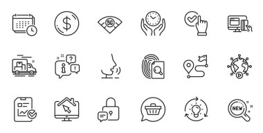 Outline set of Dollar money, New products and Calendar line icons for web application. Talk, information, delivery truck outline icon. Include Journey, Checkbox, Lock icons. Vector