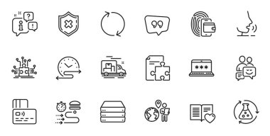 Outline set of Chemistry experiment, Puzzle options and Servers line icons for web application. Talk, information, delivery truck outline icon. Include Wallet, Love book, Communication icons. Vector