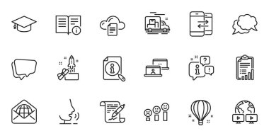 Outline set of File storage, Technical info and Graduation cap line icons for web application. Talk, information, delivery truck outline icon. Vector