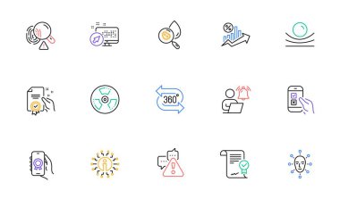 Loan percent, 360 degree and Info line icons for website, printing. Collection of User notification, Face biometrics, Warning icons. Mobile survey, Award app, Water analysis web elements. Vector