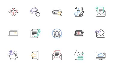 Search car, Algorithm and Smile line icons for website, printing. Collection of Copywriting notebook, Laptop, Receive mail icons. Mail newsletter, Cloud storage, Food delivery web elements. Vector