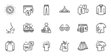 Outline set of Discount, Discount tags and Pants line icons for web application. Talk, information, delivery truck outline icon. Include Cloakroom, Wallet, Clean t-shirt icons. Vector