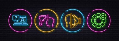Faq, elektronik termometre ve yüz tanımlama simgeleri. Neon lazer 3D ışıklar. Çarklı simgeler. İnternet, uygulama, baskı için. Web desteği, ısı taraması, telefon taraması. Vektör