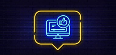 Neon ışığı konuşma balonu. Video hattı simgesi gibi. Baş parmak işareti. Olumlu geri bildirim, sosyal medya sembolü. Neon ışıklı arka plan. Video parıltısı gibi. Tuğla duvar afişi. Vektör