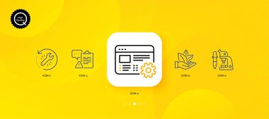Web ayarları, organik ürün ve pano simgeleri. Sarı soyut arkaplan. Mikroskop, Kurtarma aracı simgeleri. İnternet, uygulama, baskı için. Vektör