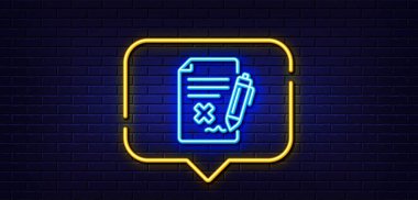 Neon light speech bubble. Reject file line icon. Decline document sign. Delete file. Neon light background. Reject file glow line. Brick wall banner. Vector