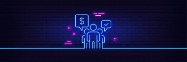 Neon ışık efekti. Takım çalışması simgesi. Çalışanların sohbet işareti. Çekirdek değer sembolü. 3D çizgi neon ışıklı ikon. Tuğla duvar afişi. Takım çalışması taslağı. Vektör