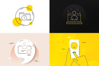 Asgari sertifika, zaman yönetimi ve ödül satırı simgeleri. Telefon ekranı, tırnak işareti. En iyi yönetici simgeleri. Web gelişimi için. En iyi çalışan, dizüstü bilgisayar cihazı. Sertifika satırı simgesi. Vektör