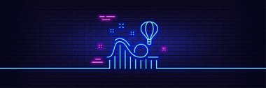 Neon ışık efekti. Hız treni çizgisi simgesi. Eğlence parkı tabelası. Atlıkarınca sembolü. 3D çizgi neon ışıklı ikon. Tuğla duvar afişi. Roller coaster taslağı. Vektör