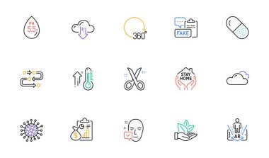 Ph nötr, kapsül hapı ve internet sitesi ve baskı için bulutlu hava çizgisi simgeleri. Evde Kalma Koleksiyonu, 360 derece, Coronavirüs simgeleri. Yüz kabul edildi, makas, metodoloji web elementleri. Vektör