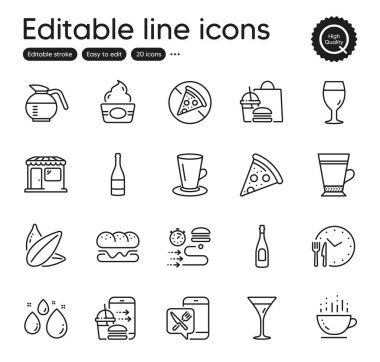 Yiyecek ve içecek ikonları seti. Su damlası, bira bardağı ve şampanya şişesi elementleri gibi ikonlar içerir. Ayçekirdeği, Gıda uygulaması, Burger web tabelaları. Kahve fincanı, pizza, yiyecek siparişi. Vektör