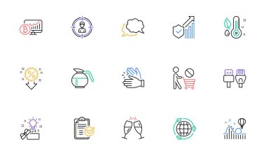 Sohbet mesajı, el çırpma ve internet sitesi için kahve kutusu simgeleri, yazdırma. Bilgisayar kabloları koleksiyonu, şampanya bardakları, kafa avlama ikonları. Alışveriş yapmayı bırak, Bitcoin çizelgesi. Vektör