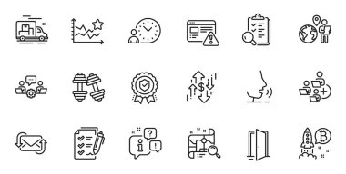 Web uygulaması için Açık Kapı, Zaman Yönetimi ve Araştırma satırı simgelerinin ana hatları. Konuşma, bilgi, teslimat kamyonu taslak ikonu. Vektör