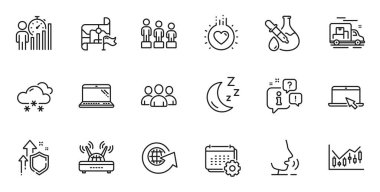 Web uygulaması için hedef bayrak, dizüstü bilgisayar ve aşk çizgisi simgeleri ana hatları. Konuşma, bilgi, teslimat kamyonu taslak ikonu. Vektör