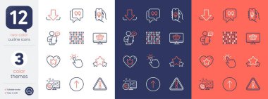 İkili kod seti, Web çağrısı ve Müşteri Anket Hattı simgeleri. Kaydırma, Tırnak baloncuğu, İndirme simgelerini dahil et. Touchpoint, Web shop, Uyarı Ağı elemanları. Elektrik uygulaması, yıldız sıralaması, yıldızlar. Vektör