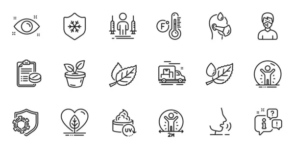 Webアプリケーション用の葉 社会的距離 およびクリーンなスキンラインアイコンの概要セット トーク 配送トラックの概要アイコン 健康目 Uv保護アイコンが含まれています ベクトル — ストックベクタ