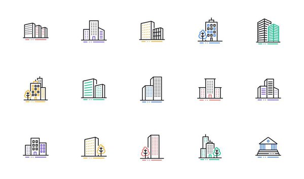 Иконки линий зданий. Банк, отель, здание суда. Город, недвижимость, здания архитектуры. Больница, городской дом, музей. Городская архитектура, городской небоскреб. Линейное множество. Вектор
