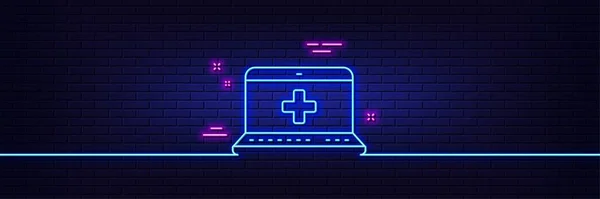 Neon Licht Gloed Effect Medicijn Laptop Lijn Icoon Online Medische — Stockvector