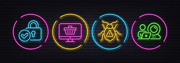 Webshop Software Bug Und Verified Lock Minimal Line Icons Neon — Stockvektor