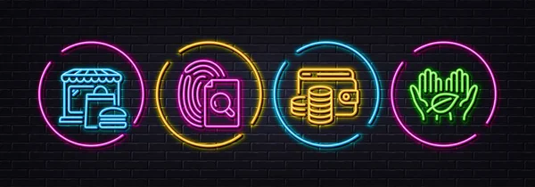 Portemonnee Geld Voedselmarkt Inspecteer Minimale Lijn Pictogrammen Neon Laser Lichten — Stockvector