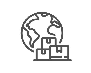 Uluslararası dağıtım hattı ikonu. Lojistik servis işareti. Yük kutuları sembolünü dışarı aktar. Kalite tasarım elemanı. Doğrusal stil uluslararası dağıtım simgesi. Düzenlenebilir felç. Vektör