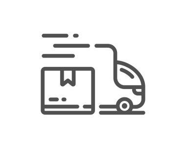 Teslimat kamyonu ikonu. Lojistik servis işareti. Yük kutuları sembolünü dışarı aktar. Kalite tasarım elemanı. Doğrusal dağıtım kamyonu simgesi. Düzenlenebilir felç. Vektör