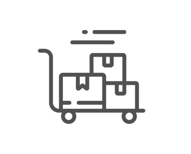 Teslimat arabası ikonu. Posta arabası tabelası. Ekspres servis sembolü. Kalite tasarım elemanı. Doğrusal dağıtım arabası simgesi. Düzenlenebilir felç. Vektör