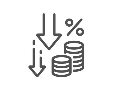 Deflasyon çizgisi simgesi. Para vergisi tabelası. Fiyatı düşürme sembolü. Kalite tasarım elemanı. Doğrusal biçim deflasyon simgesi. Düzenlenebilir felç. Vektör