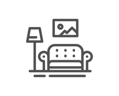 Mobilya ikonu. Ev içi tabela. Oturma odası sembolü. Kalite tasarım elemanı. Doğrusal mobilya simgesi. Düzenlenebilir felç. Vektör