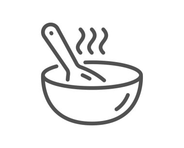 Yemek çizgisi simgesi. Kaşık işaretli sıcak kase. Yemek sembolü. Kalite tasarım elemanı. Doğrusal pişirme simgesi. Düzenlenebilir felç. Vektör