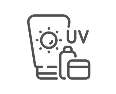 Güneş kremi simgesi. Uv Güneş kremi işareti. Güneş kremi sembolü. Kalite tasarım elemanı. Doğrusal güneş kremi simgesi. Düzenlenebilir felç. Vektör