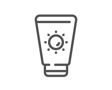 Güneş kremi simgesi. Güneş kremi işareti. Güneş kremi sembolü. Kalite tasarım elemanı. Doğrusal güneş kremi simgesi. Düzenlenebilir felç. Vektör