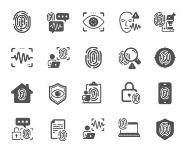 Biyometrik simgeler. Parmak izi erişimi, göz biyometrisi ve ses tanıma. Kimliği tespit et, parmak erişimini kontrol et ve göz veya ses simgelerini tara. Kullanıcıyı parmak izi ve güvenli kimlikle tanımla. Vektör