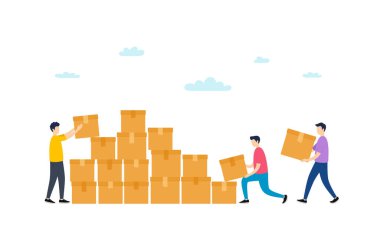 Karton kutu teslimatı. İnsanlar karton paketler taşır. Infographic konteyner deposu. Takım, kırılgan karton kutularla birlikte çalışır. Kargo karton eşya paketleri. Paket lojistiği. Ortaklık vektörü
