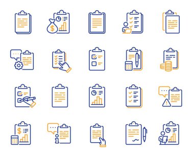 Kontrol listesi belge satırı simgeleri. Anlaşma bilgileri, pano müdürü, muhasebe raporu. Tıbbi takvim, belge listesi ve oy listesi satırları simgeleri. Veri hesaplaması, Sözleşme belgesi. Vektör