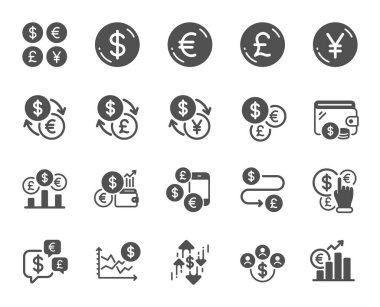 Para birimi simgeleri. Nakit para, Euro dolar transferi ve döviz kuru. Finansal oran, para değişimi ve Euro Pound ticaret simgeleri. Dolar transferi, hisse senedi ticareti ve para dolu cüzdan. Vektör