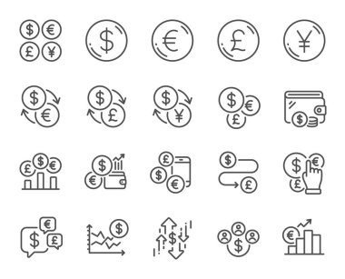 Para çizgisi simgeleri. Nakit para, Euro dolar transferi ve döviz kuru. Finansal oran, para değişimi ve Euro Pound ticaret simgeleri. Dolar transferi, hisse senedi ticareti ve para dolu cüzdan. Vektör
