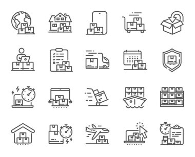 Teslimat çizgisi simgeleri. İade paketi, lojistik servis ve teslimat tarihi belirlendi. Yük dağıtımı, küresel ihracat ve kurye kamyon hattı simgeleri. Lojistik nakliye, gemi teslimatı. Vektör