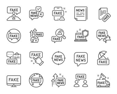 Sahte haber dizisi simgeleri. Sosyal medya propagandası, gazete, gerçeğin komplosu. Yanlış gerçekler, yanlış bilgiler, yanlış hoparlör ana hatları simgeleri. Yanıltıcı haberler, insanlar yalan söylüyor ve propaganda kamyonu. Vektör