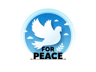 Güvercinli barış ikonu için. Uluslararası barış günü işareti. Savaş yok, dünya özgürlük amblemi. Huzurlu bir hayat, uluslararası dostluk. Düşmanlıkların ve şiddetin olmadığı bir hayat. Güvercin kuşu uçuyor. Vektör
