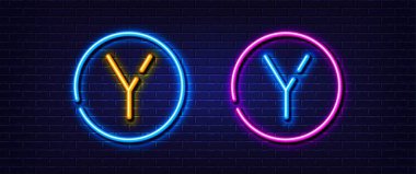 Initial letter Y icon. Neon light line effect. Line typography character sign. Large first font letter. Glowing neon light element. Letter Y glow 3d line. Brick wall banner. Vector