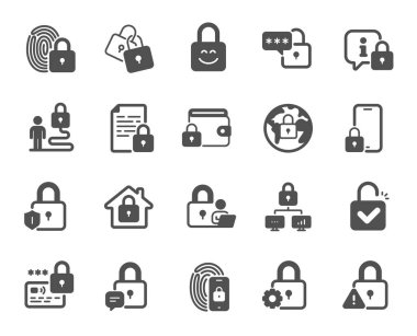 Kilit simgeleri. Parmak izi koruması, şifre çözme ve kredi kartı şifre simgeleri. Kilidi aç, belgeyi kilitle ve ağı kilitle. Cüzdan, parmak izi ve bilgi koruması. Vektör