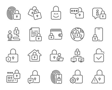 Kilit çizgisi simgeleri. Parmak izi koruması, şifre çözme ve kredi kartı şifre simgeleri. Kilidi aç, belgeyi kilitle ve ağı kilitle. Çevrimiçi cüzdan, parmak izi erişimi ve bilgi koruması. Vektör