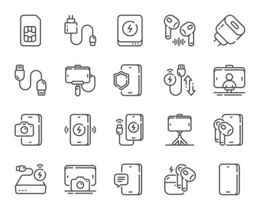 Mobil aksesuar hattı simgeleri. Sim kart, selfie çubuğu ve kablosuz şarj seti. Güç bankası pili, bluetooth kulaklık ve USB tip kablo hattı simgeleri. Hızlı şarj aleti, telefon aksesuarları. Vektör