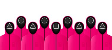 Mürekkep balığı oyun yöneticisi, işçi ve silahlı personel. Çember, üçgen ve kare geometrik şekiller. Pembe tulumlu insanlar. Hayatta kalma yarışması figürleri. İnsanlarla minimalist bir geçmişi var. Vektör