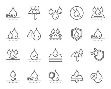 Su geçirmez çizgi simgeleri. Dayanıklı kumaş yüzeyi, ip68 koruma ve nem geçirmez. Su püskürtücü, ip67 savunma ve yağmur hattı simgeleri. Su baskını, su geçirmez kumaş ve suya dayanıklı. Vektör
