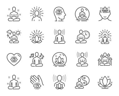 Yoga meditasyon çizgisi simgeleri. Vücut dengesi, insan rahatlaması ve enerji meditasyonu. Zihin uyumu, sağlık meditasyonu ve kendi kendine konsantre olma çizgisi simgeleri. Dinle rahatla ses, yoga zihin terapisi. Vektör