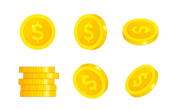 Gold Coins White Background Set Money Icons Rotation Cash Dollar — Stock Vector