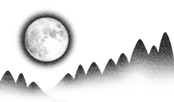 Dotwork Moon Night Vector Background 沙粒效应 黑色的噪音点缀山林 抽象的噪音干扰模式 黑点月夜横幅 多角山 — 图库矢量图片